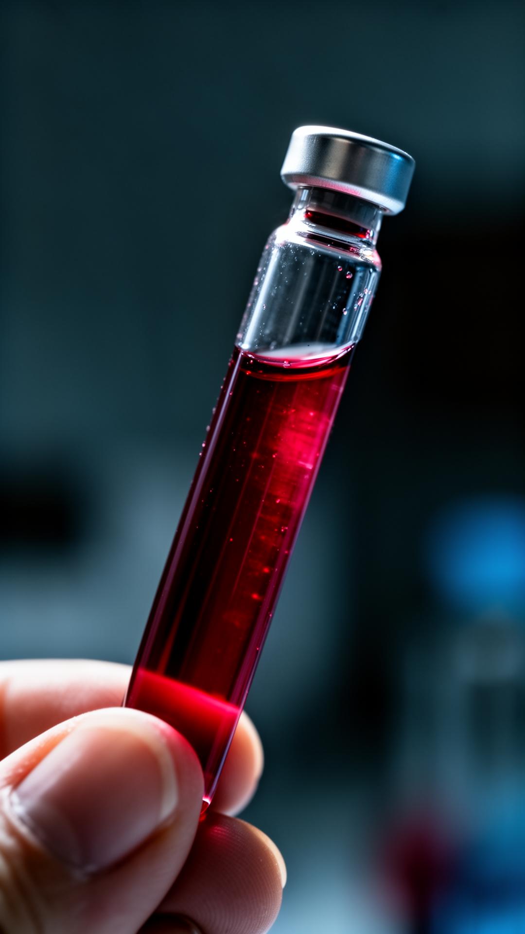 Vial of blood held to clinical lighting